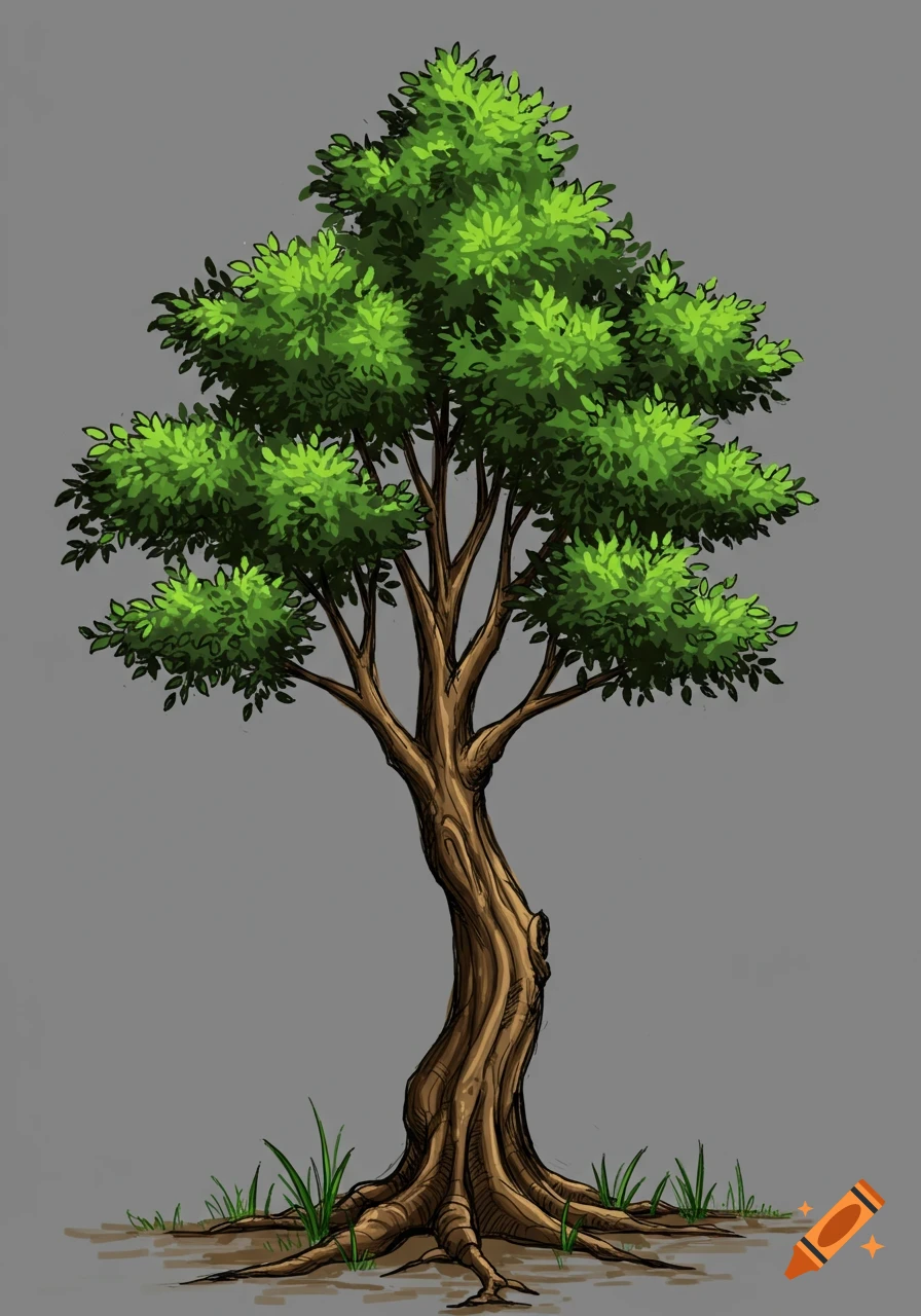 A stylized drawing of a tree with green leaves, brown trunk, and exposed roots on a plain background.