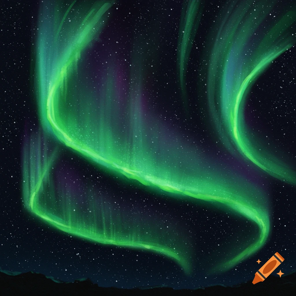 Green and purple aurora lights dance in a starry night sky.