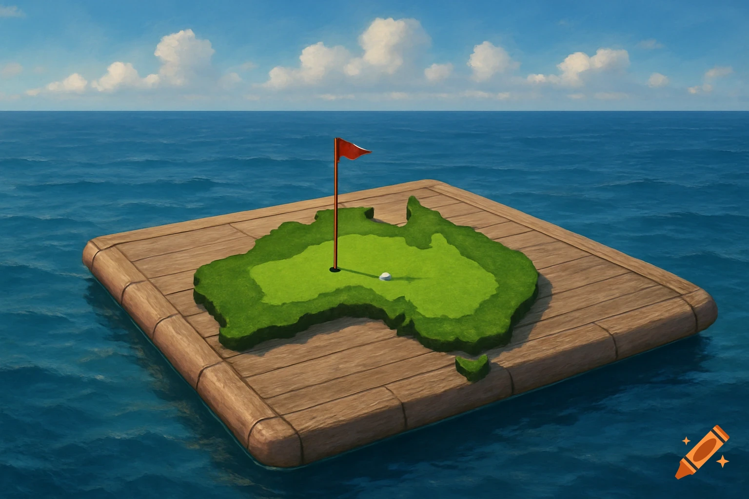 A golf green shaped like Australia sits on a wooden raft floating in the ocean under a blue sky.