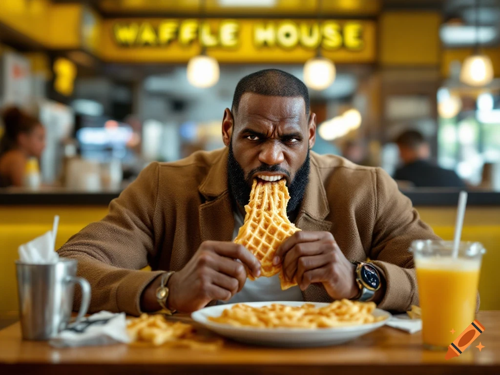 LeBron James with an intense expression, biting into a waffle at a Waffle House restaurant.