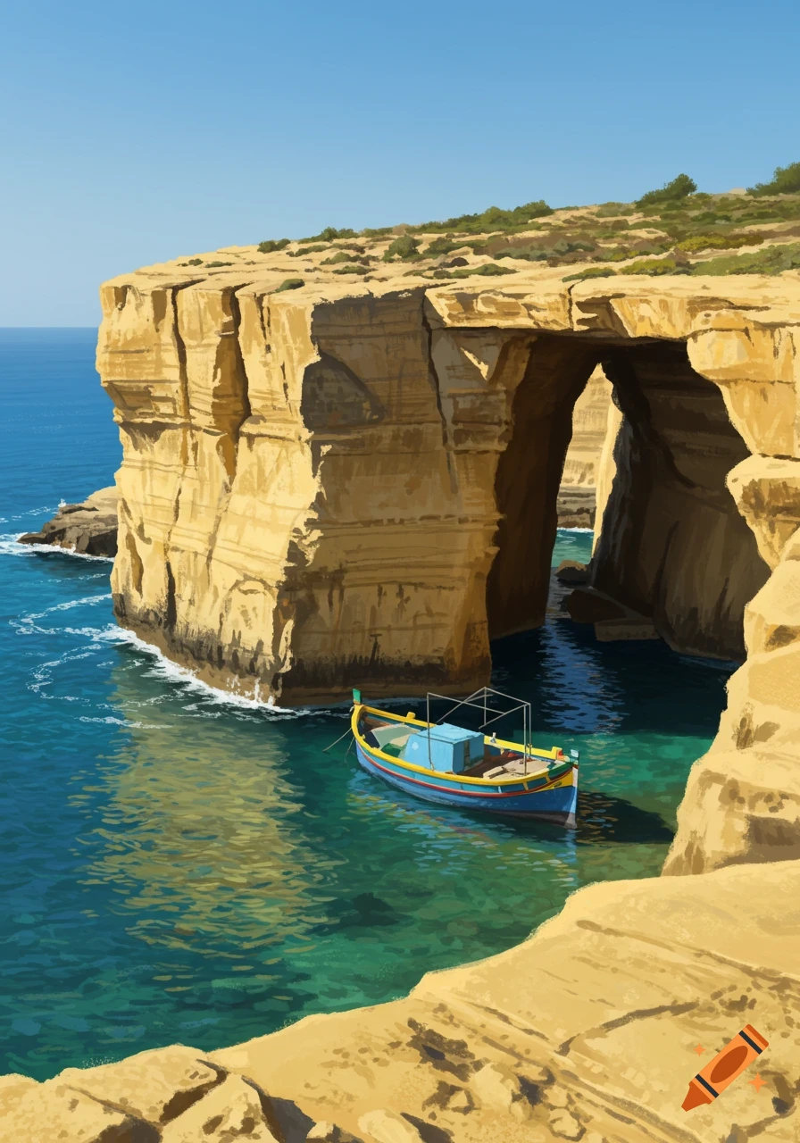 A blue and yellow boat floats in clear turquoise water next to a large rock arch in tan cliffs.