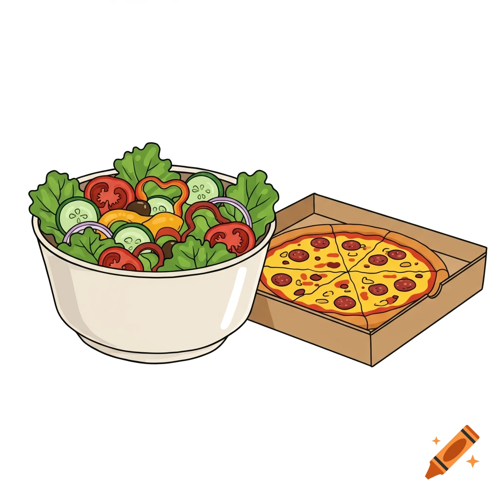 A clip art drawing of a bowl of salad and a pizza in an open box.