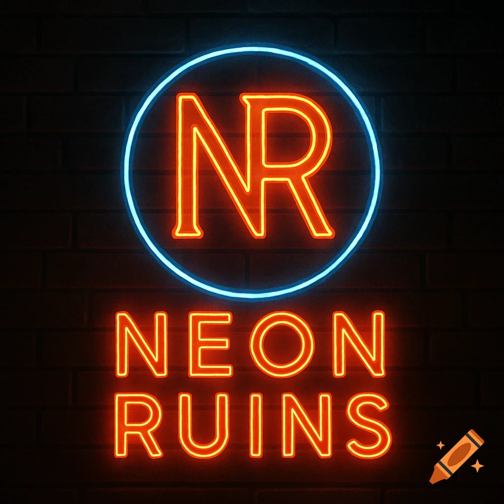 A red and blue neon sign for 'Neon Ruins' with 'NR' inside a circle, on a brick wall.
