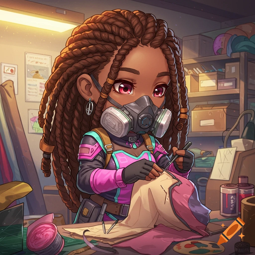A black chibi character with braided hair and a respirator mask works on fabric in a cluttered craft room, anime style.