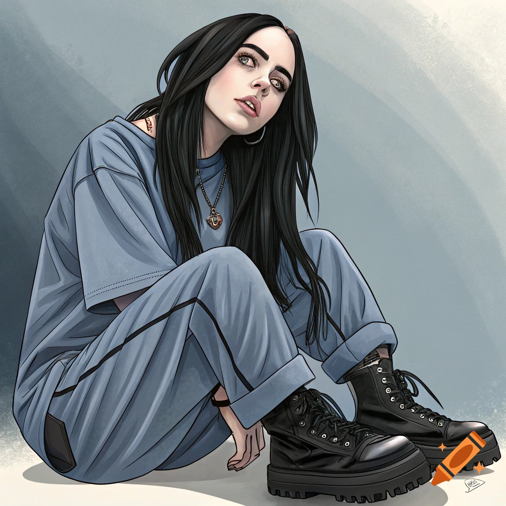 A cartoon-style portrait of Billie Eilish sitting on the ground, wearing a baggy blue outfit and chunky black boots.