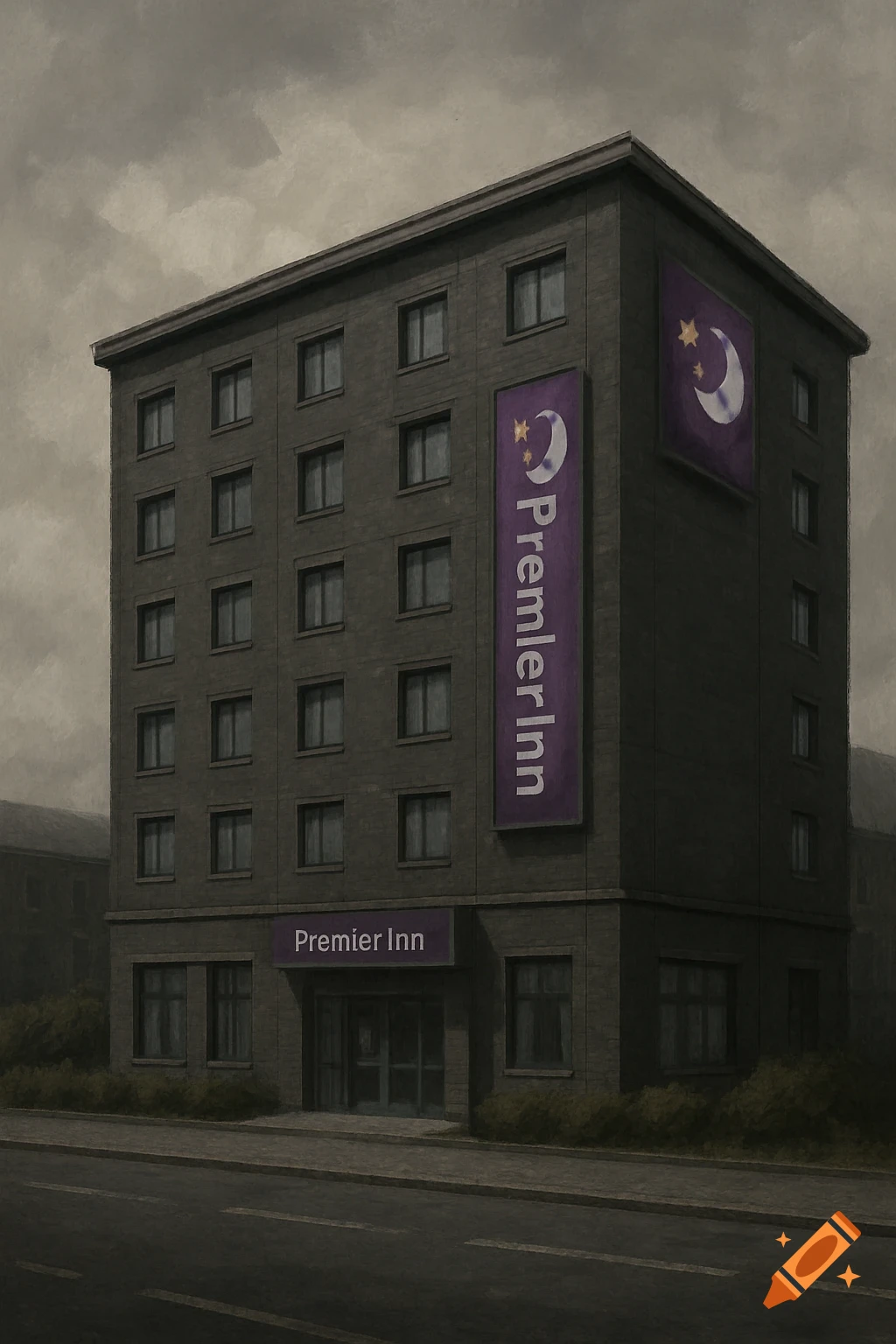 A dark, multi-story Premier Inn building under a cloudy sky, with purple logos and signs. The style is somewhat painterly.