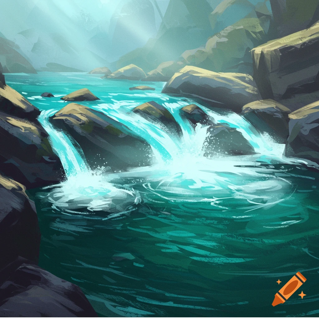 Stylized illustration of a vibrant blue-green waterfall cascading over rocks into a serene river, with light shining through mist.