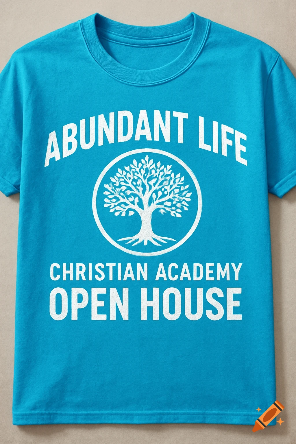A vibrant blue t-shirt with white text reading 'Abundant Life Christian Academy Open House' and a tree logo.