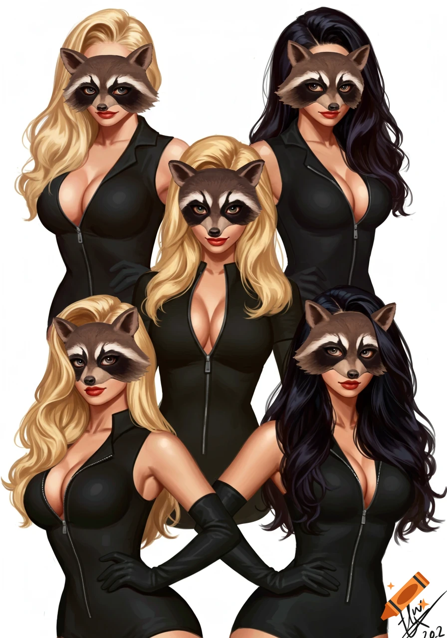 Five women in black jumpsuits with deep necklines and raccoon masks, depicted in a pin-up illustration style.