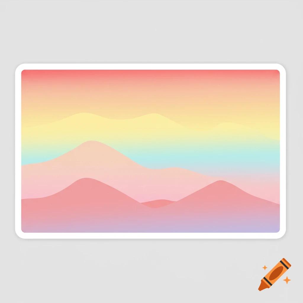 Simple abstract mountains in pastel pink, blue, and yellow with a gradient sky, framed as a sticker.