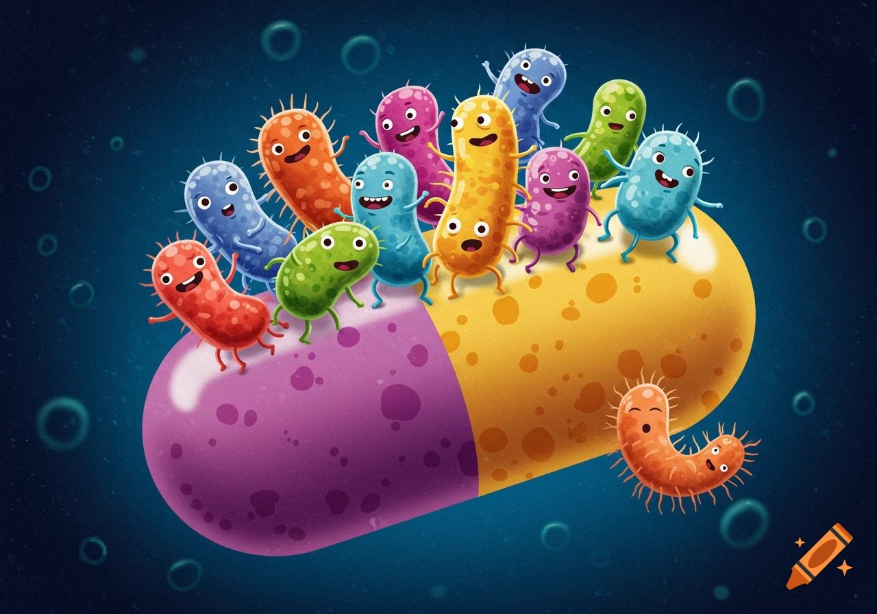 Colorful cartoon bacteria with happy faces riding on a large purple and yellow antibiotic pill against a dark blue background.