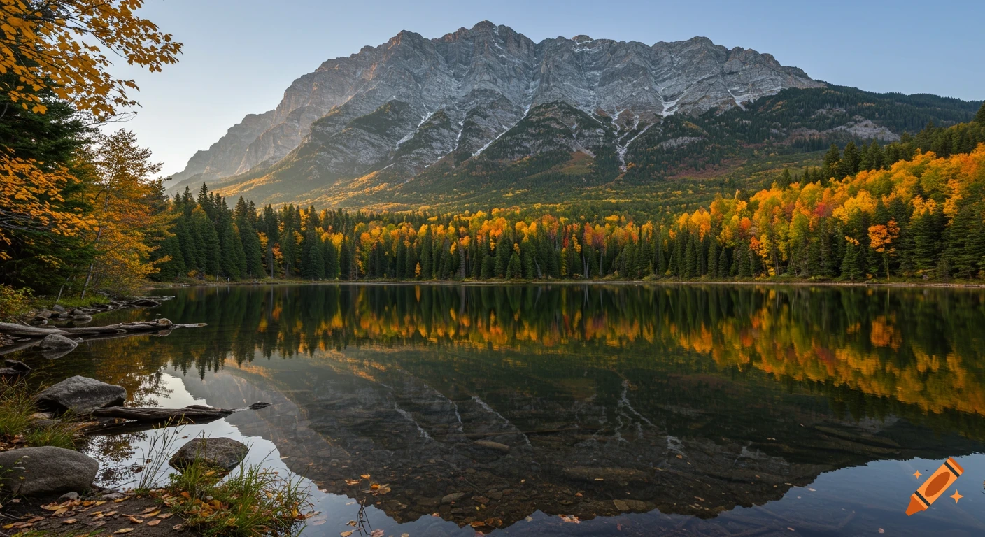 Photorealistic landscape of a snow-capped mountain reflecting in a calm lake, surrounded by vibrant autumn trees under a clear sky.