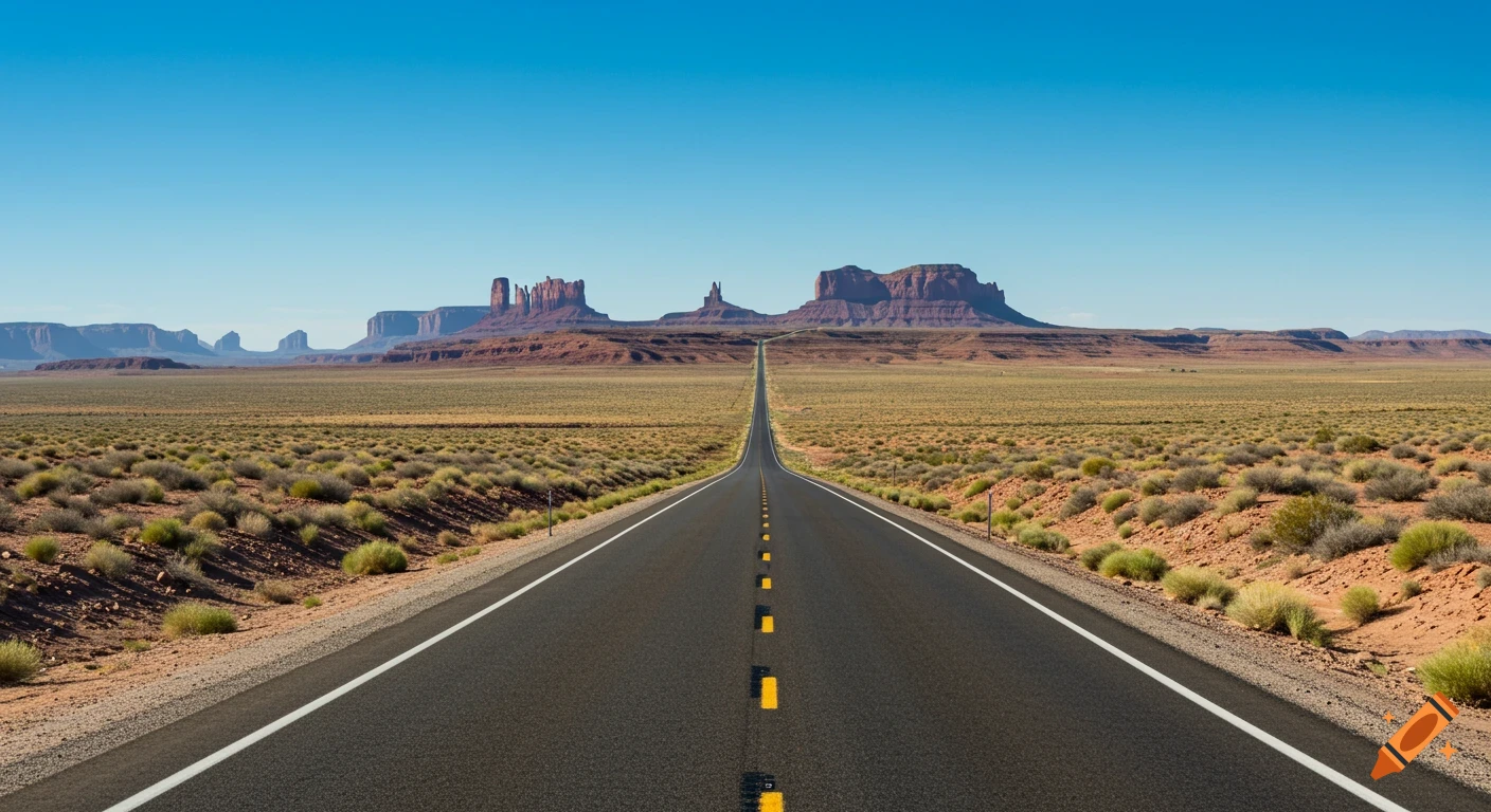A long, straight black-top highway stretches through a vast desert landscape towards distant mesas under a clear blue sky.
