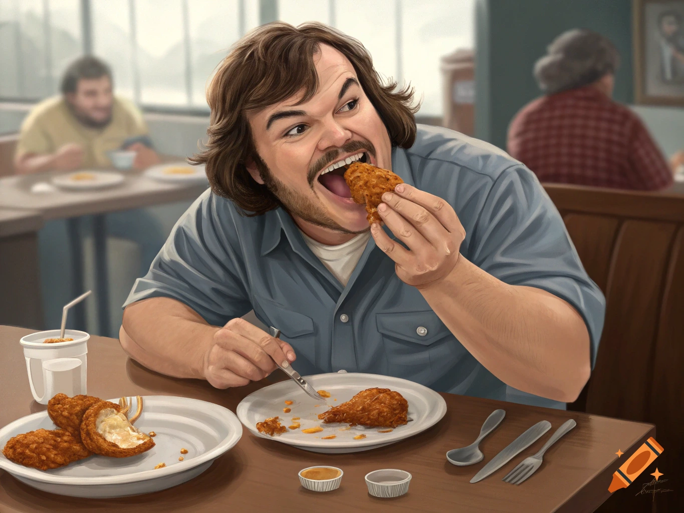 Jack Black enthusiastically eating fried chicken at a table in a restaurant, depicted in a detailed illustration style.