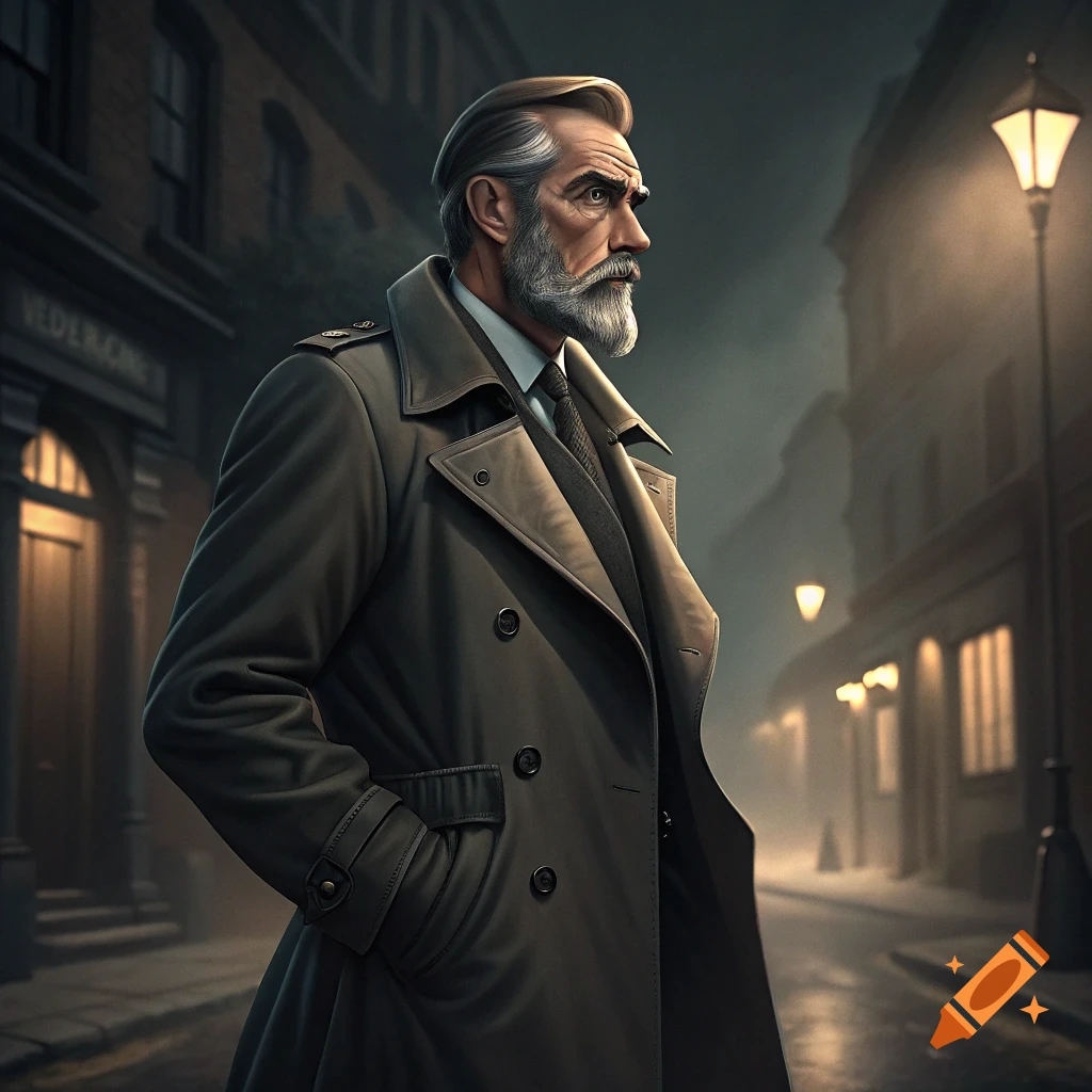 Photorealistic image of a mysterious man with a beard and trench coat ...