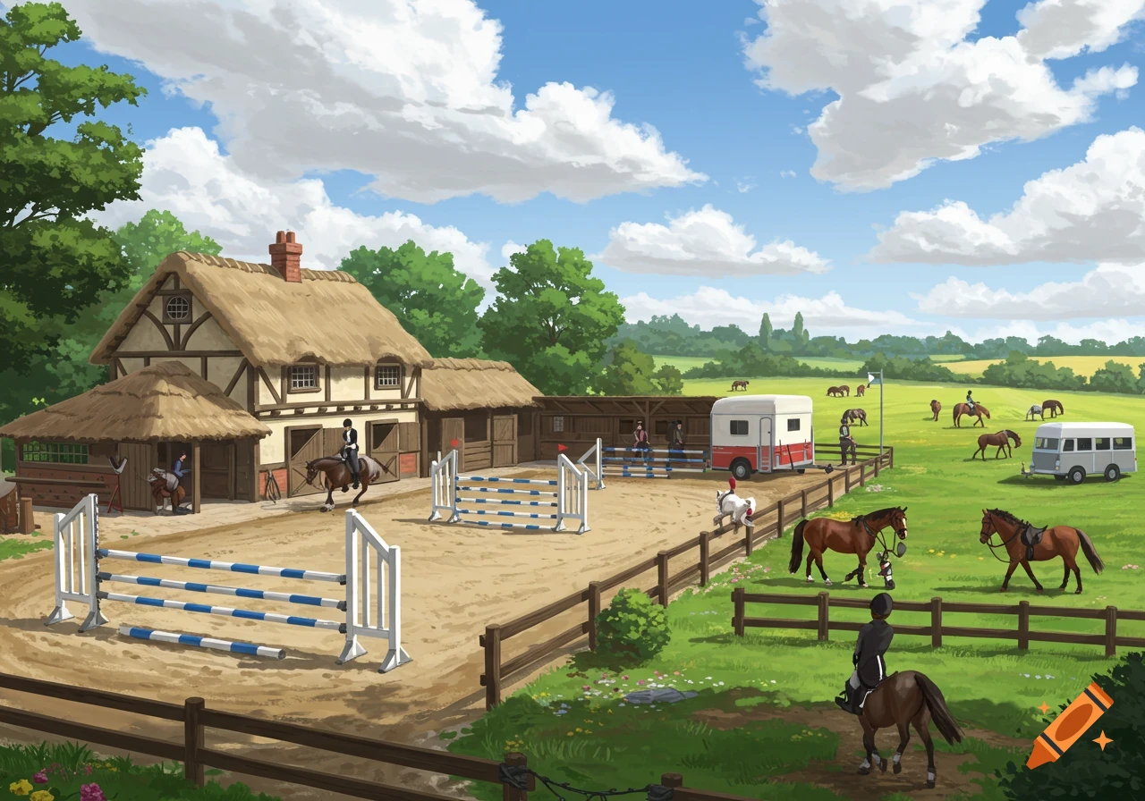 An illustrated scene of a horse stable and riding arena with people riding horses, horse trailers, and horses grazing in a green field under a blue sky.