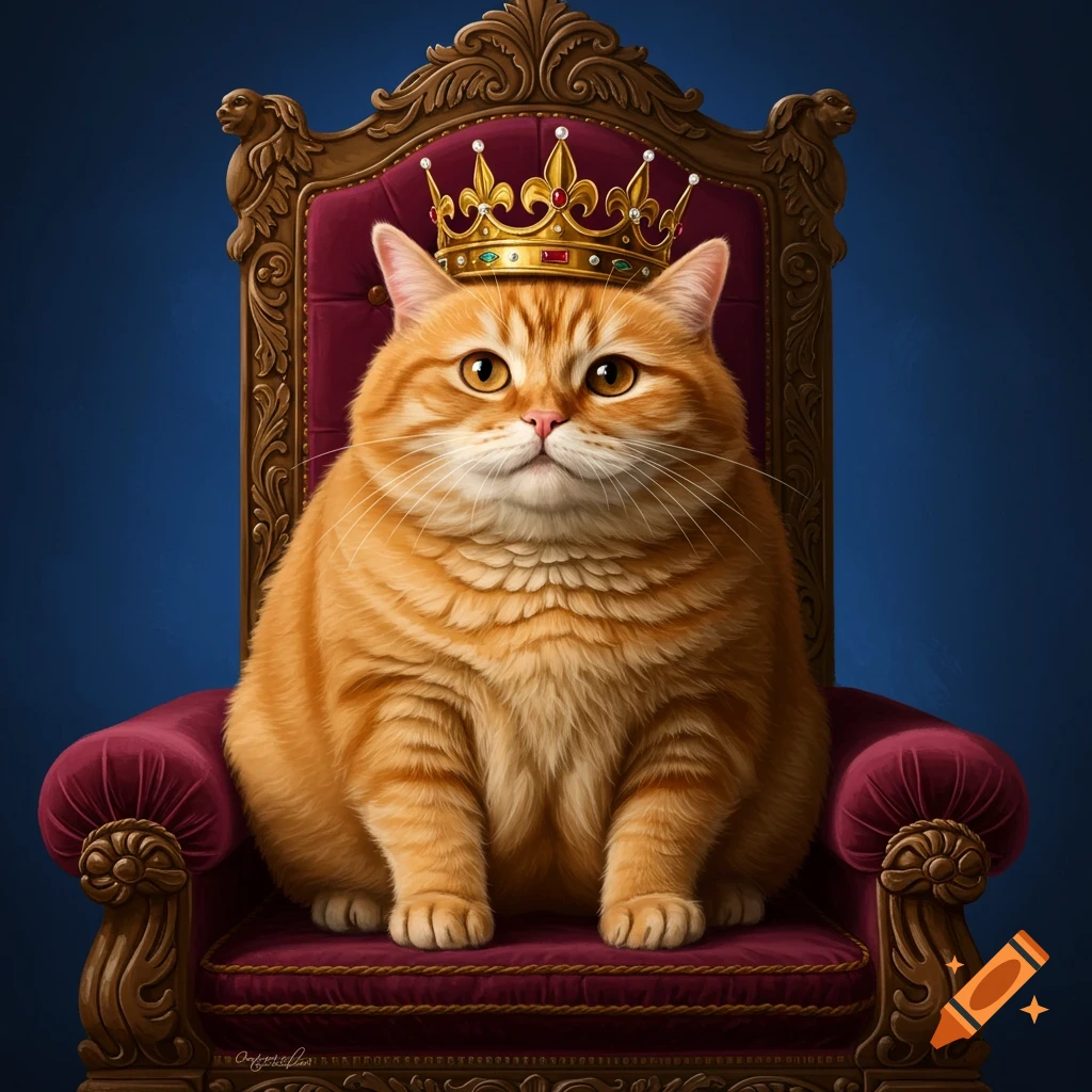 Chubby ginger cat with a golden crown sitting majestically on a lavish red velvet throne, digitally painted.
