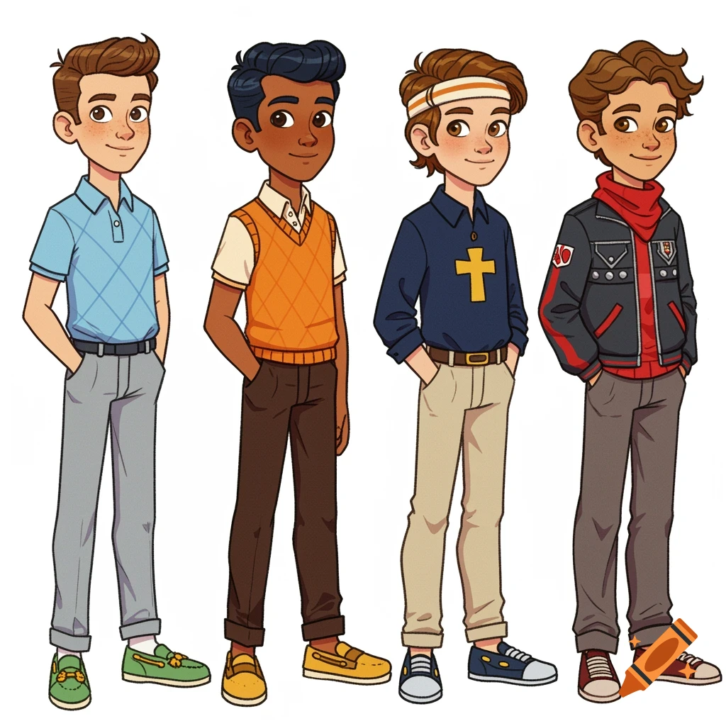 Four cartoon boys stand in a row on a white background, each wearing a distinct preppy outfit.
