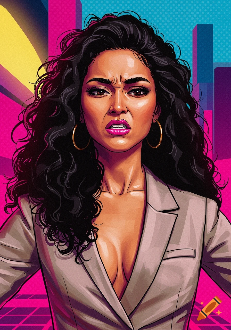 A stylized pop art illustration of an annoyed woman with dark curly hair in a business suit against a vibrant city background.