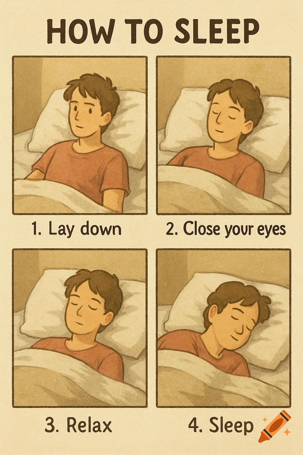 Four panel cartoon guide 'How to Sleep', showing steps: Lay down, Close eyes, Relax, Sleep.