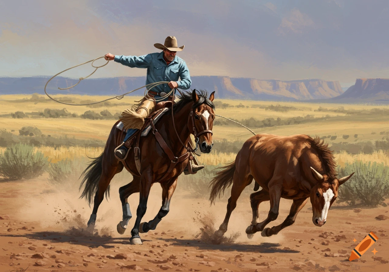 A cowboy on a brown horse, roping a running bronco in a dusty western desert landscape, digital painting.
