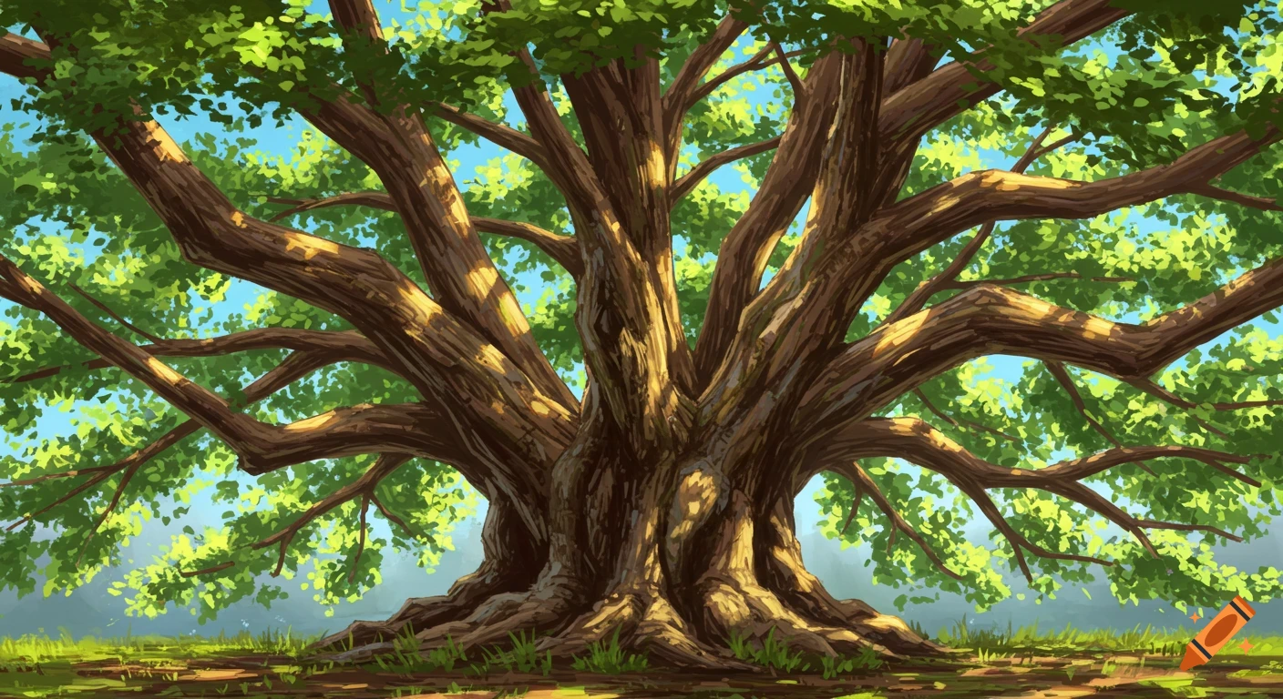A stylized illustration of a large, old tree with many branches