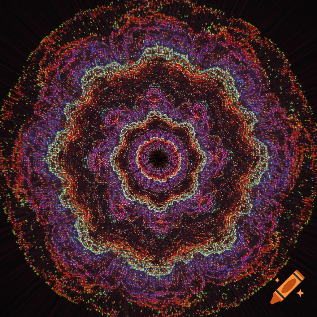 A vibrant, concentric fractal pattern of swirling pixels in neon red, purple, blue, and green on a dark background, in a psychedelic pixel art style.