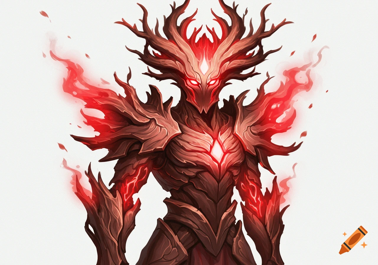 A fantasy creature knight with glowing red energy and a tree-like body against a white background.