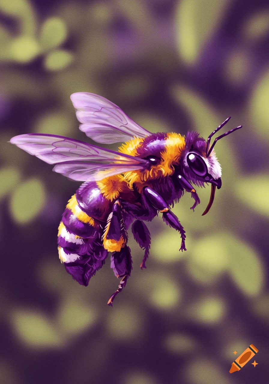 Stylized illustration of a purple and yellow honeybee flying