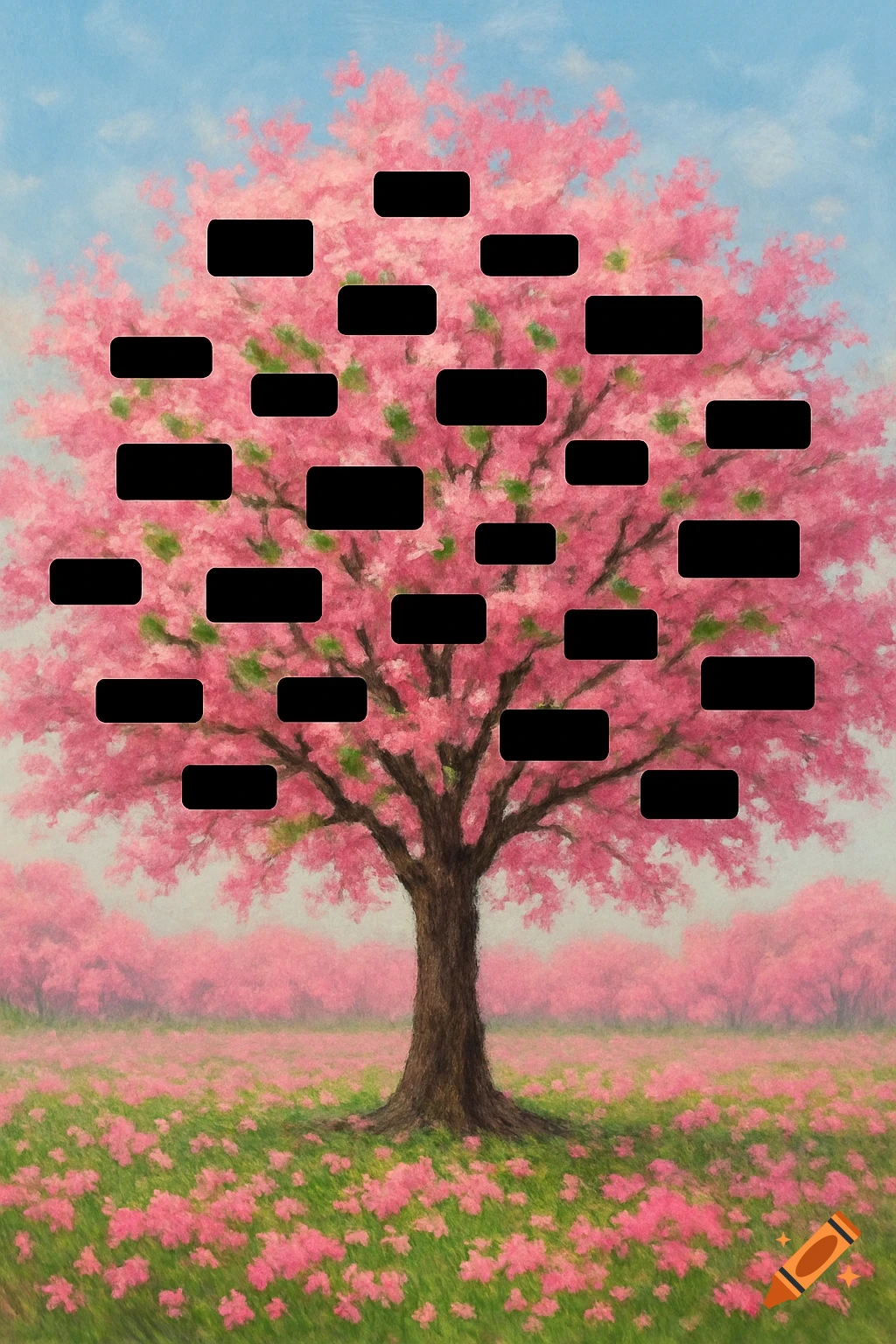 A pink cherry blossom tree with black boxes for labels stands in a field of pink flowers under a blue sky.