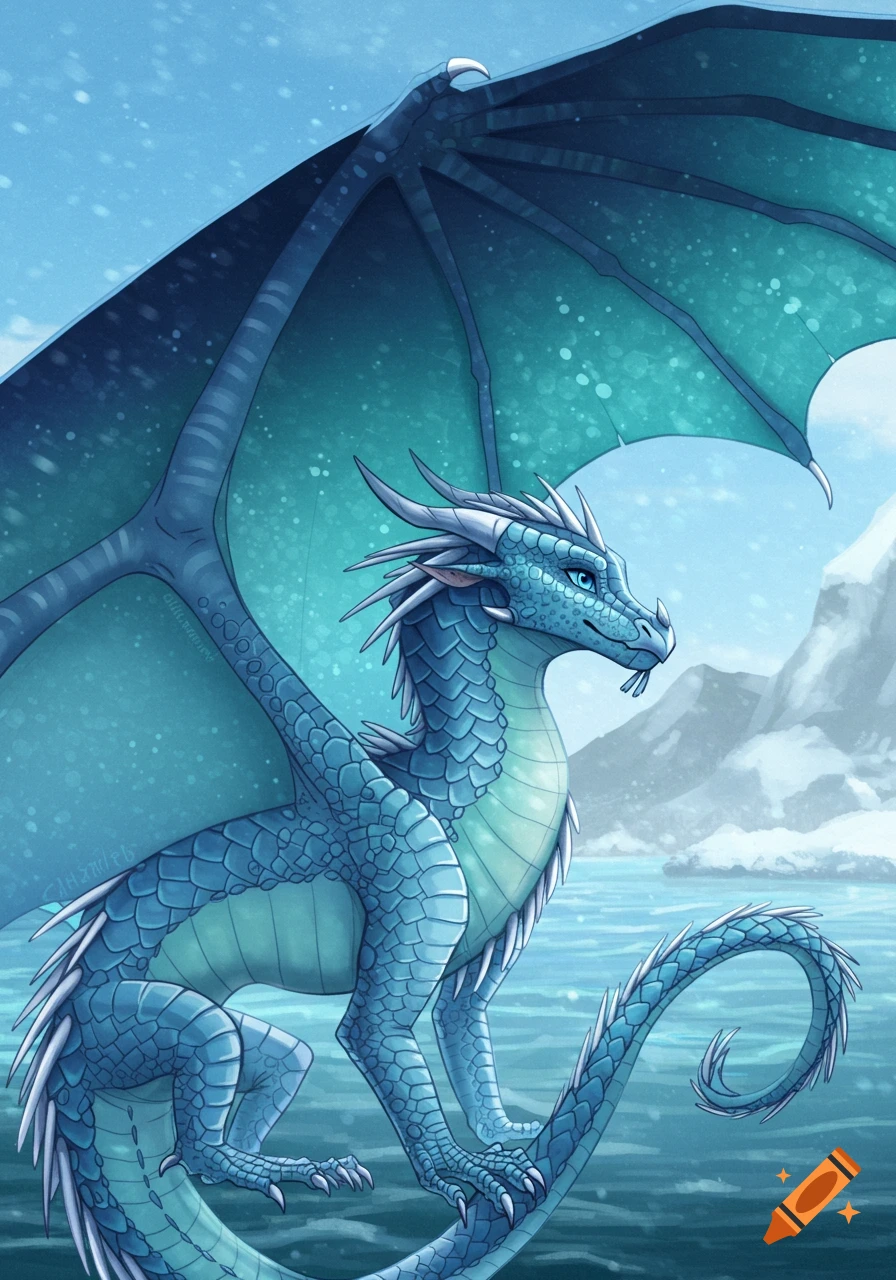 A blue dragon with large wings and white spikes stands in an icy landscape with mountains and water in the background, digital art.