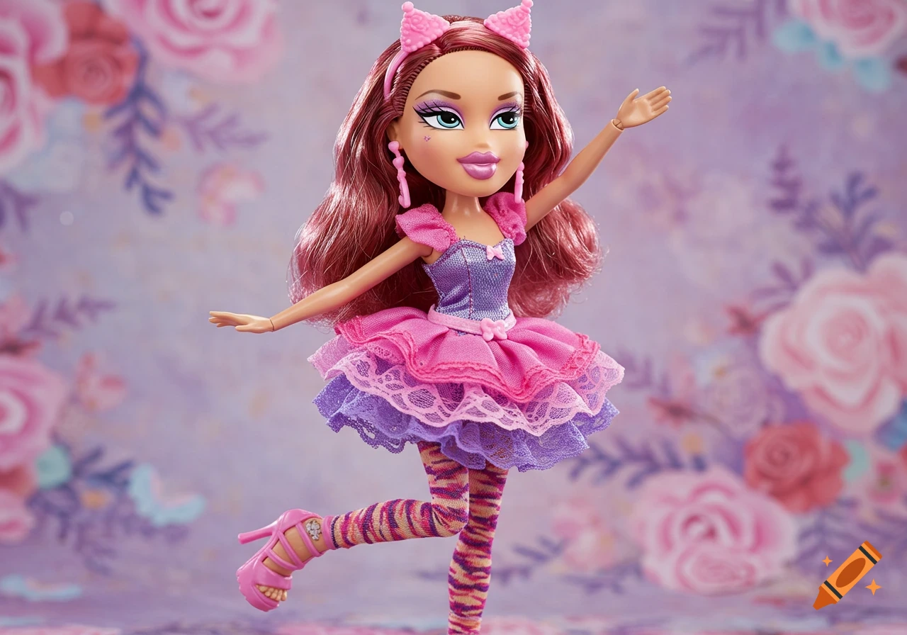 A doll in a pink and purple tutu dress and cat ears standing against a floral background.