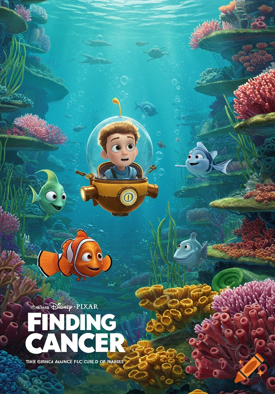 A cartoon movie poster parody in the style of Pixar, showing a boy in a submarine with clownfish and other fish in a coral reef.