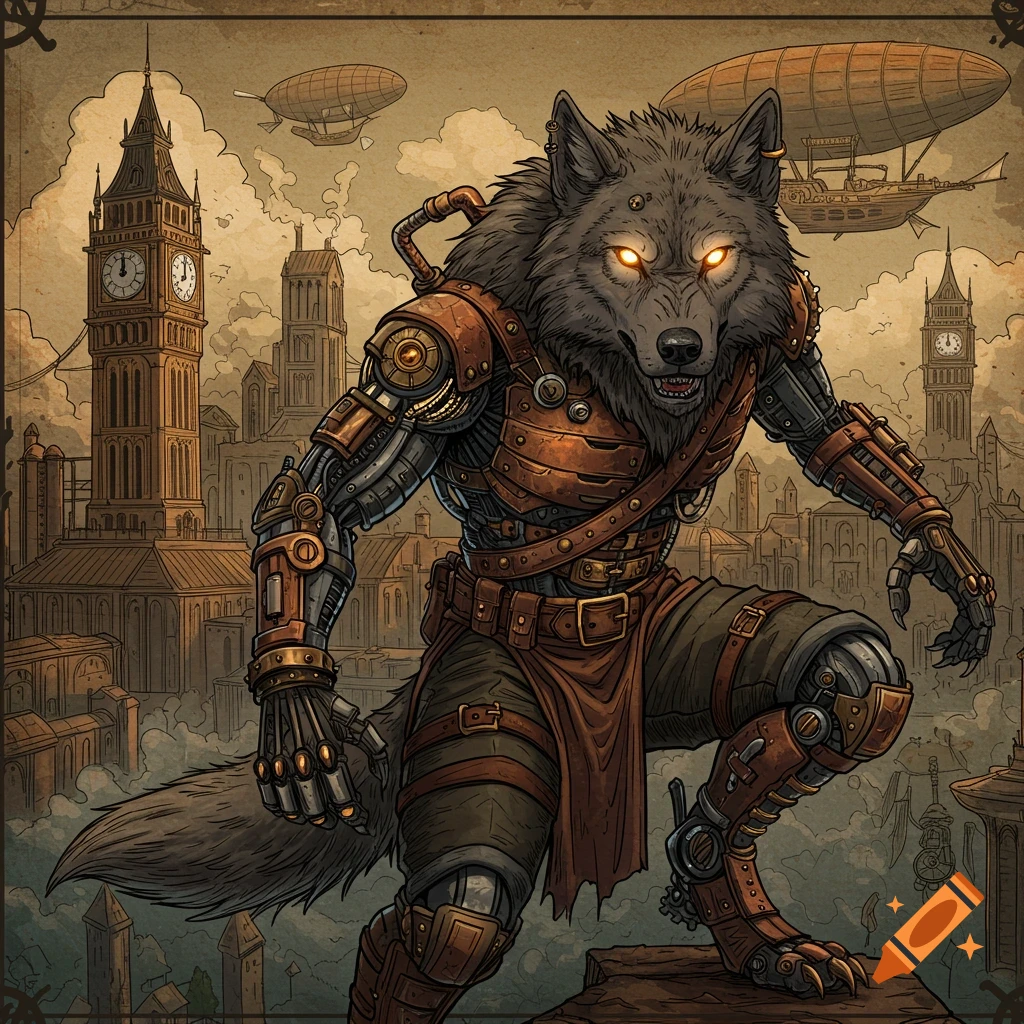 A detailed steampunk illustration of a bipedal wolf-like creature with glowing eyes, wearing leather and metal armor, standing in a city skyline with clock towers and airships.