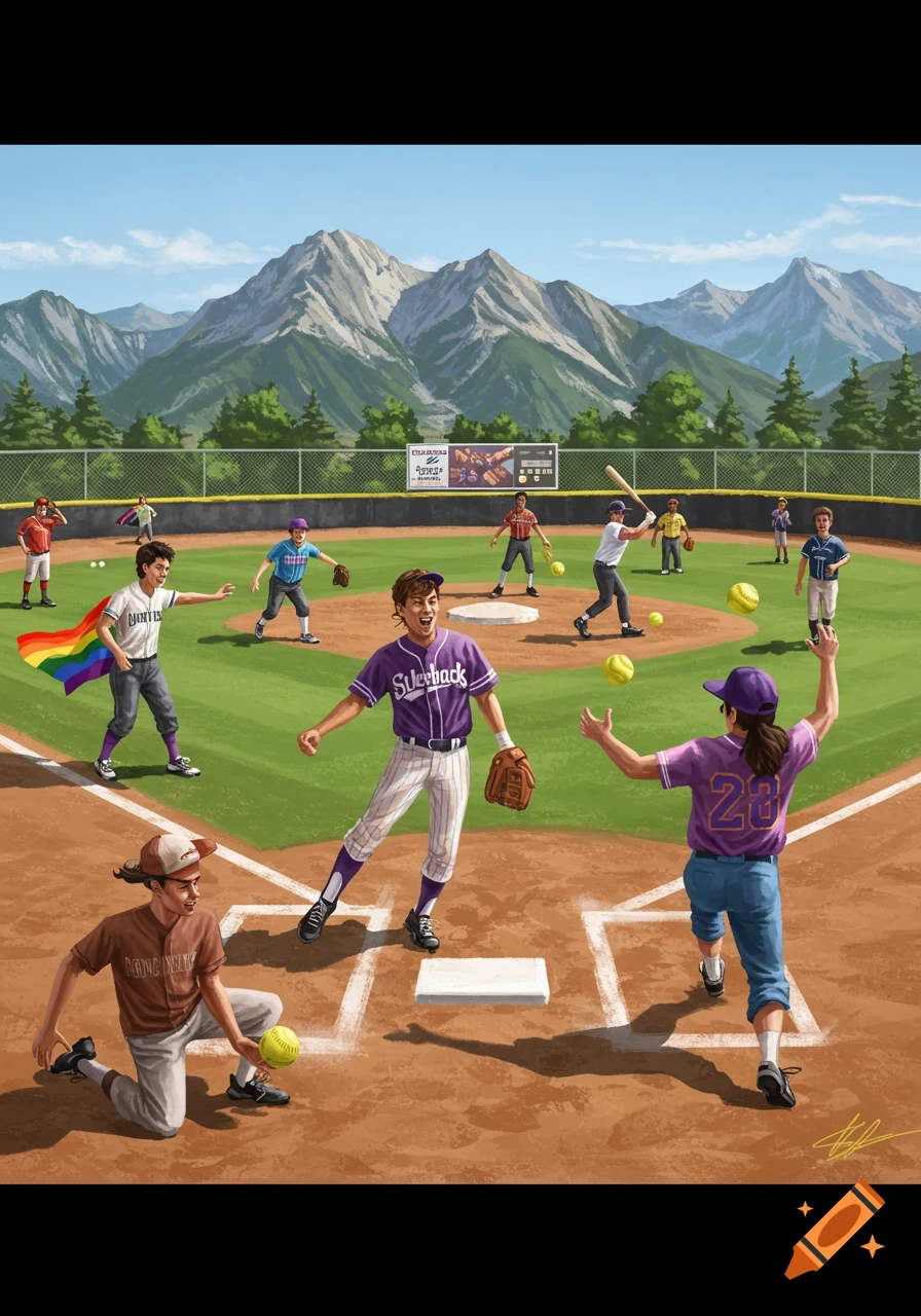 Illustration of a softball game with players on a field in front of mountains. One player holds a rainbow flag.