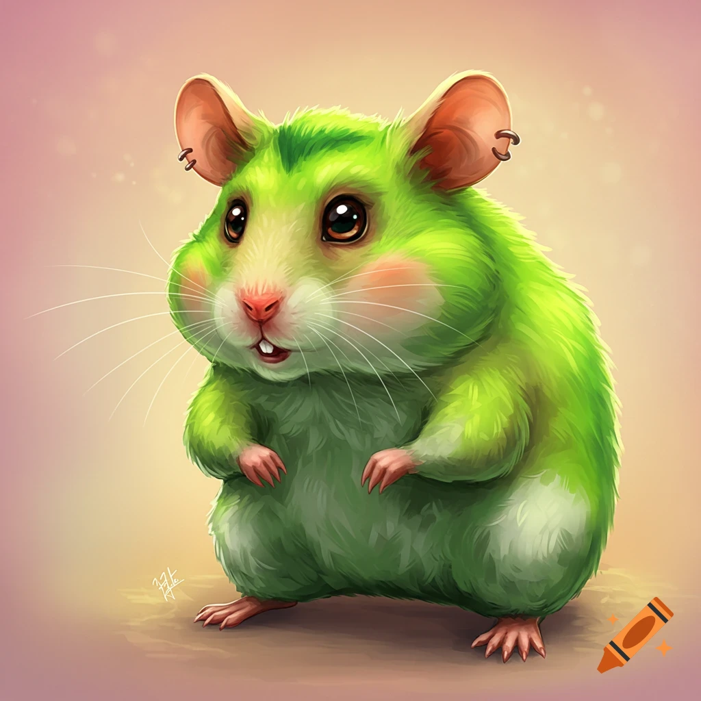 A cute, cartoonish green hamster with big eyes and ear piercings stands on a soft background.