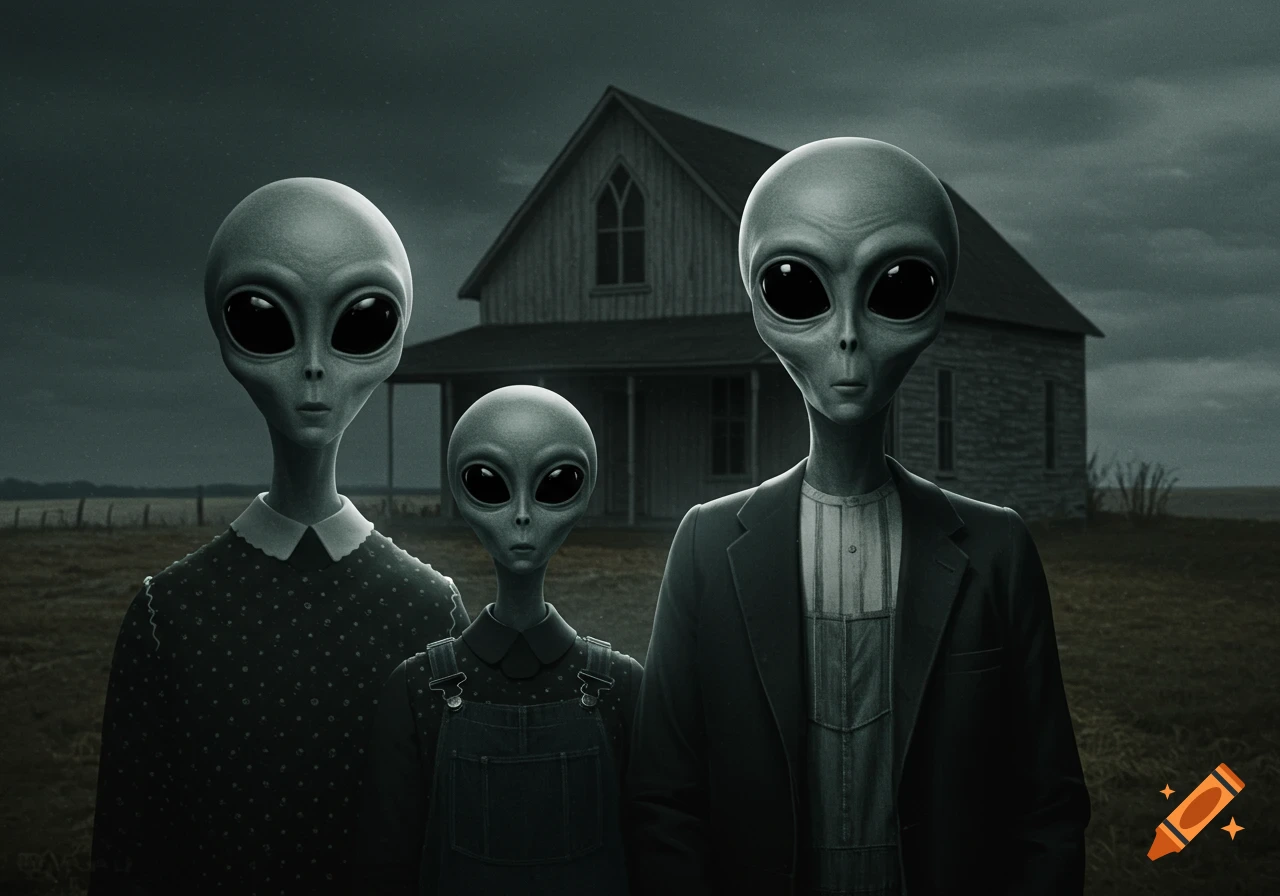 Three grey aliens standing in front of a farmhouse in a pose similar to American Gothic