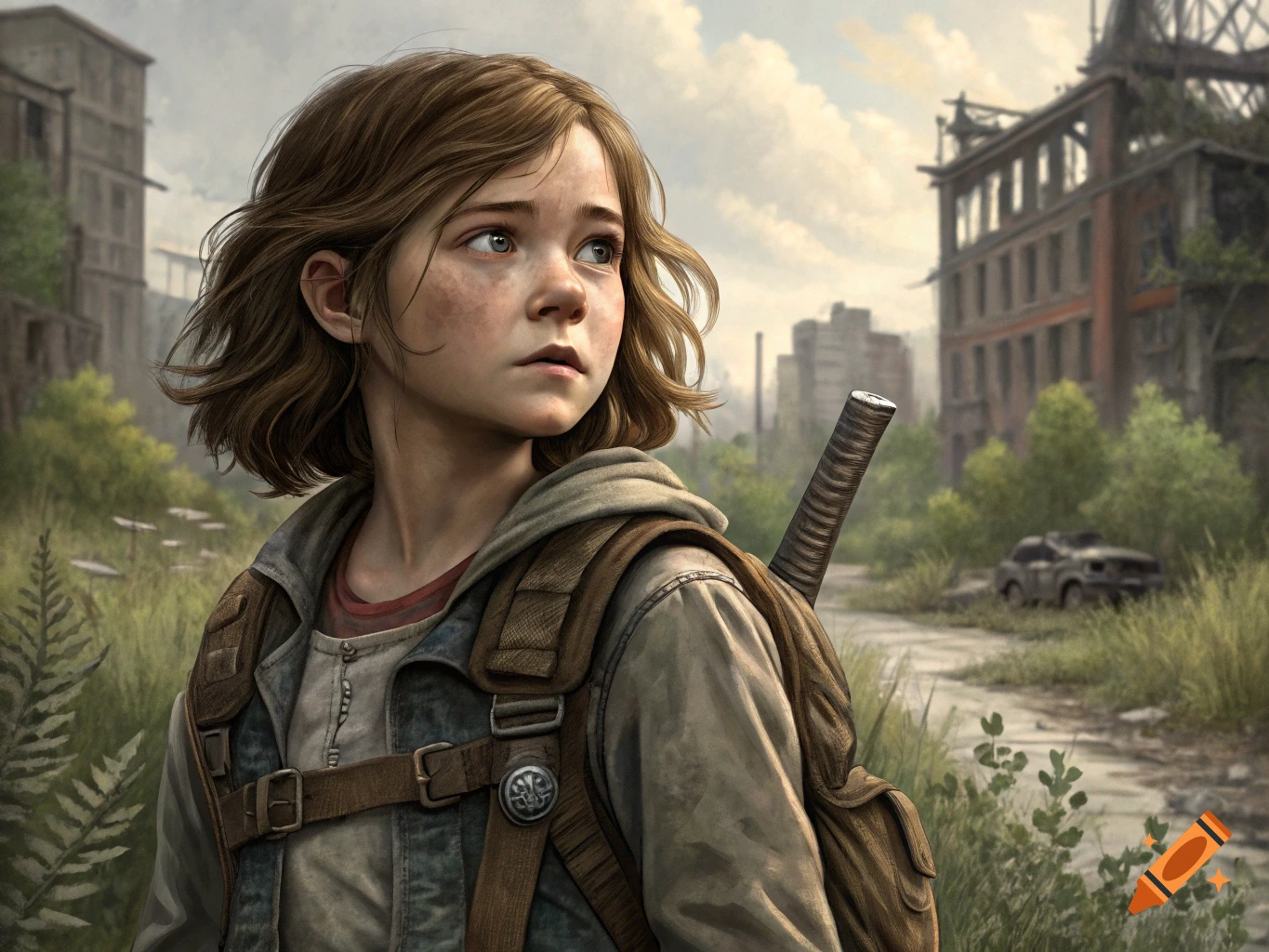 Young girl with backpack looks intently in a ruined, overgrown city landscape.