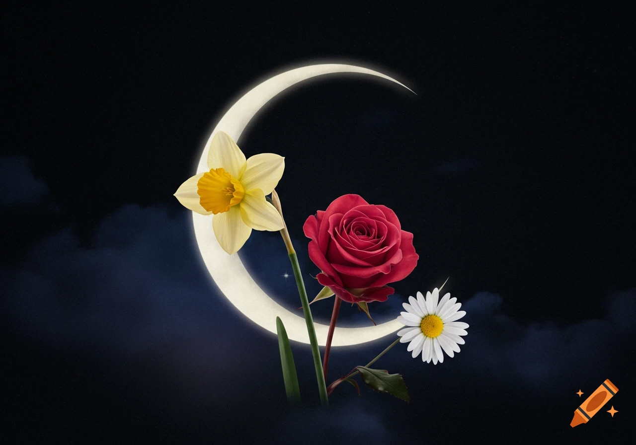 Crescent moon behind a yellow narcissus, a red rose, and a white daisy against a dark sky.