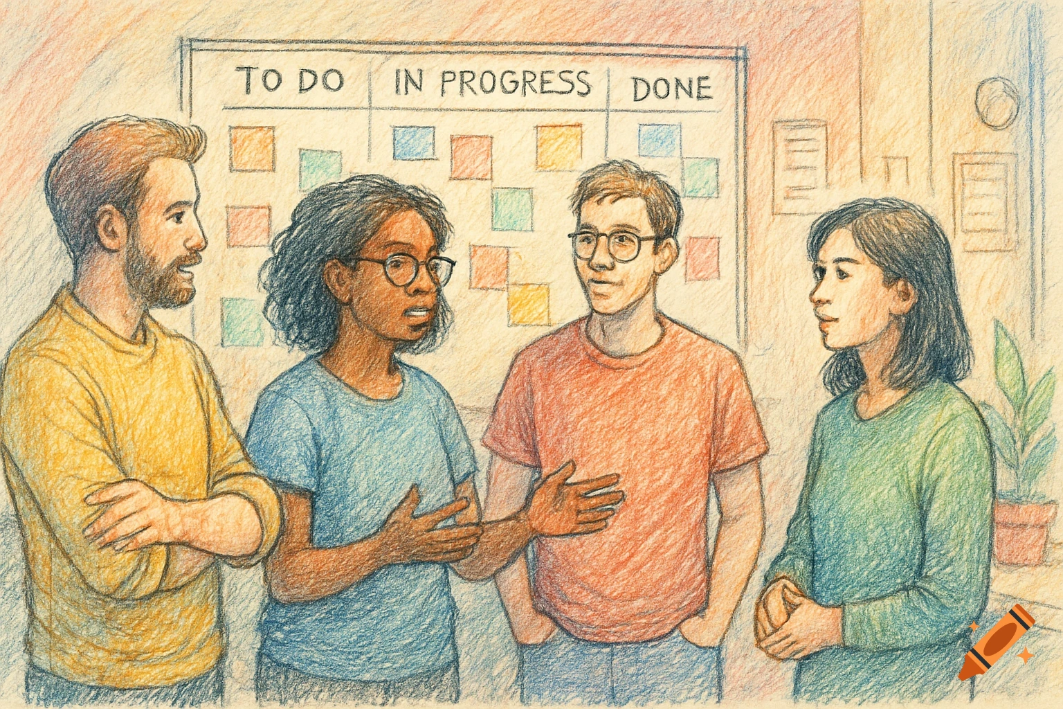 Pencil sketch of four diverse team members in a standup meeting around a Kanban board.
