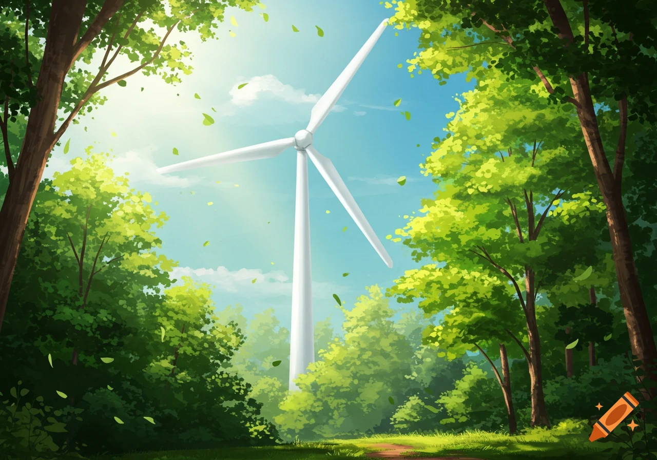 An illustrative image of a tall white wind turbine rising above a lush green forest, with light filtering through the tree canopy and leaves falling.