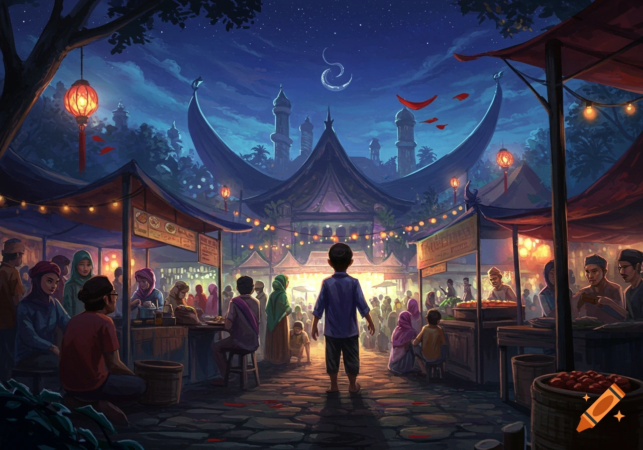 A child looks at a bustling night market under a crescent moon and stylized buildings. Painted illustration style.