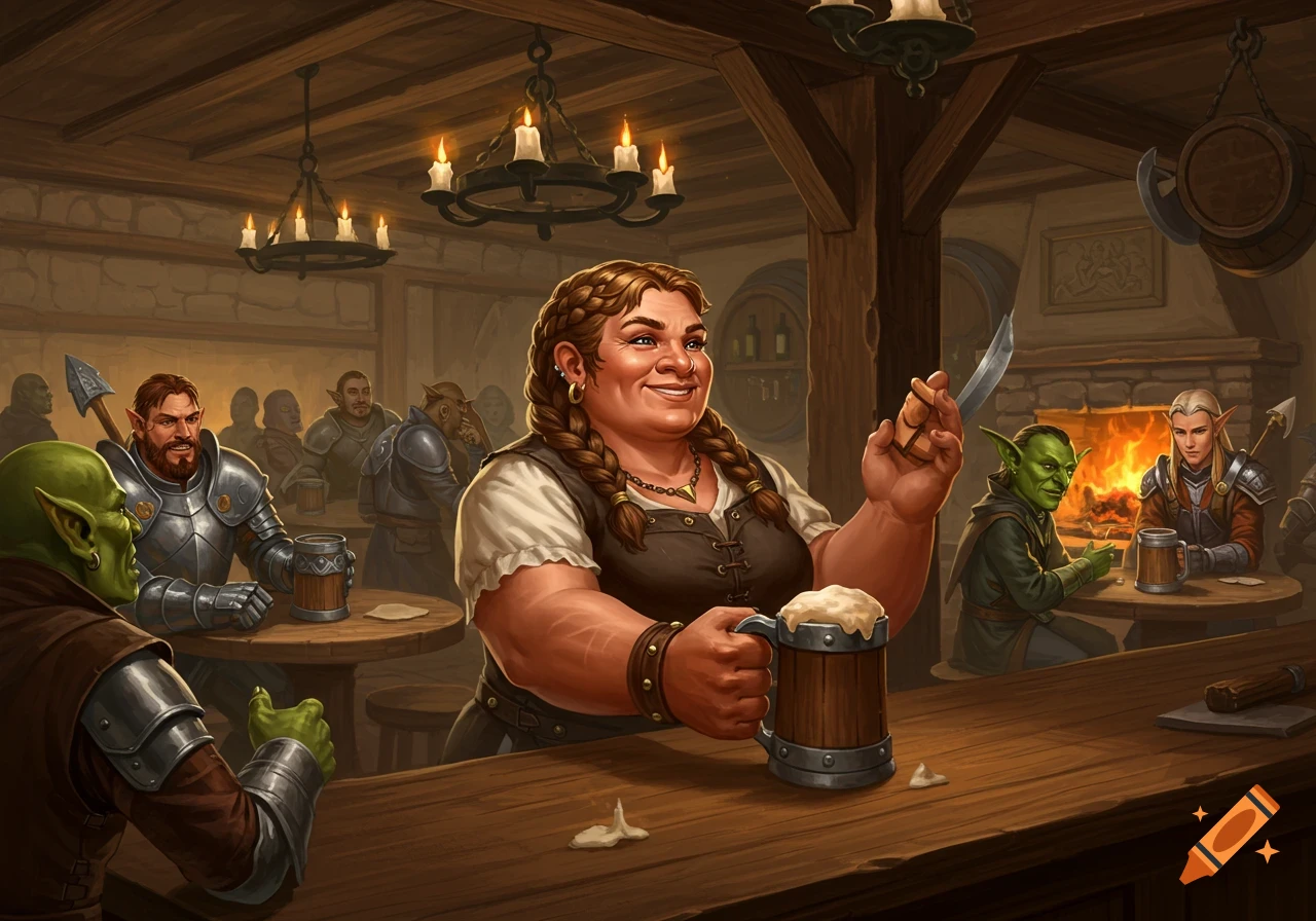 A smiling female dwarf with braids holds a beer stein and a knife in a busy fantasy tavern with goblins and elves.