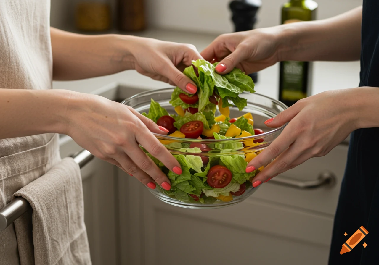 Close-up of two pairs of hands preparing a vibrant salad in a glass bowl in a kitchen.