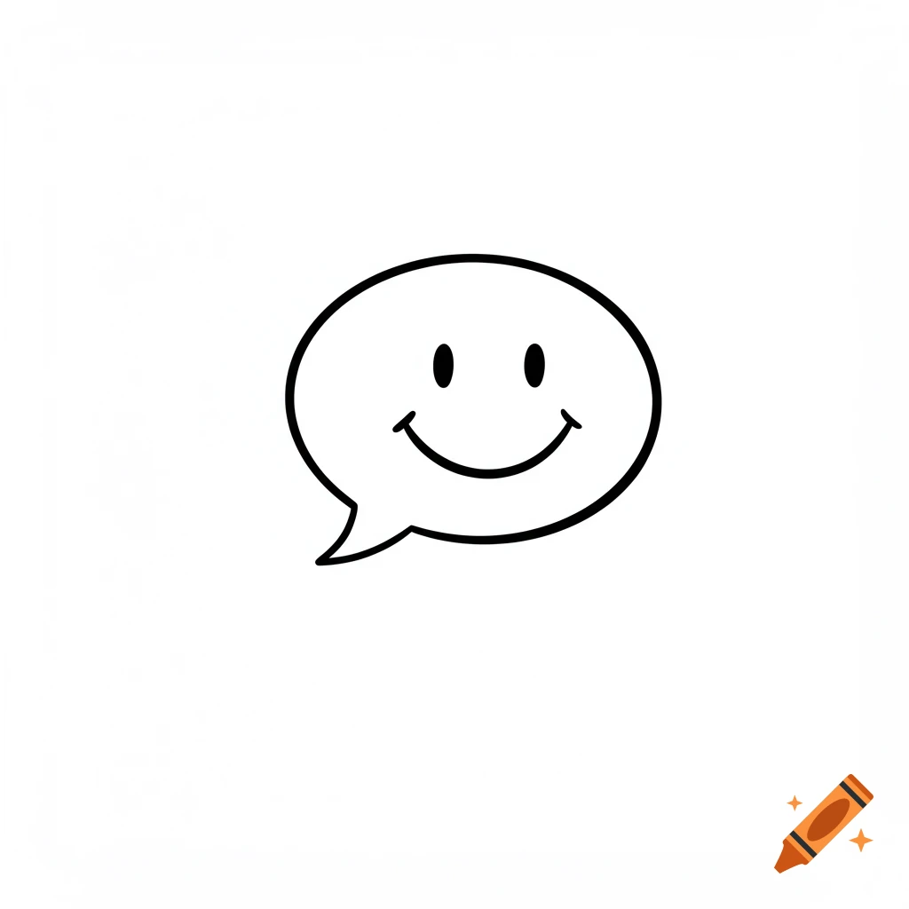 A simple line drawing of a smiley face inside a speech bubble on a white background.