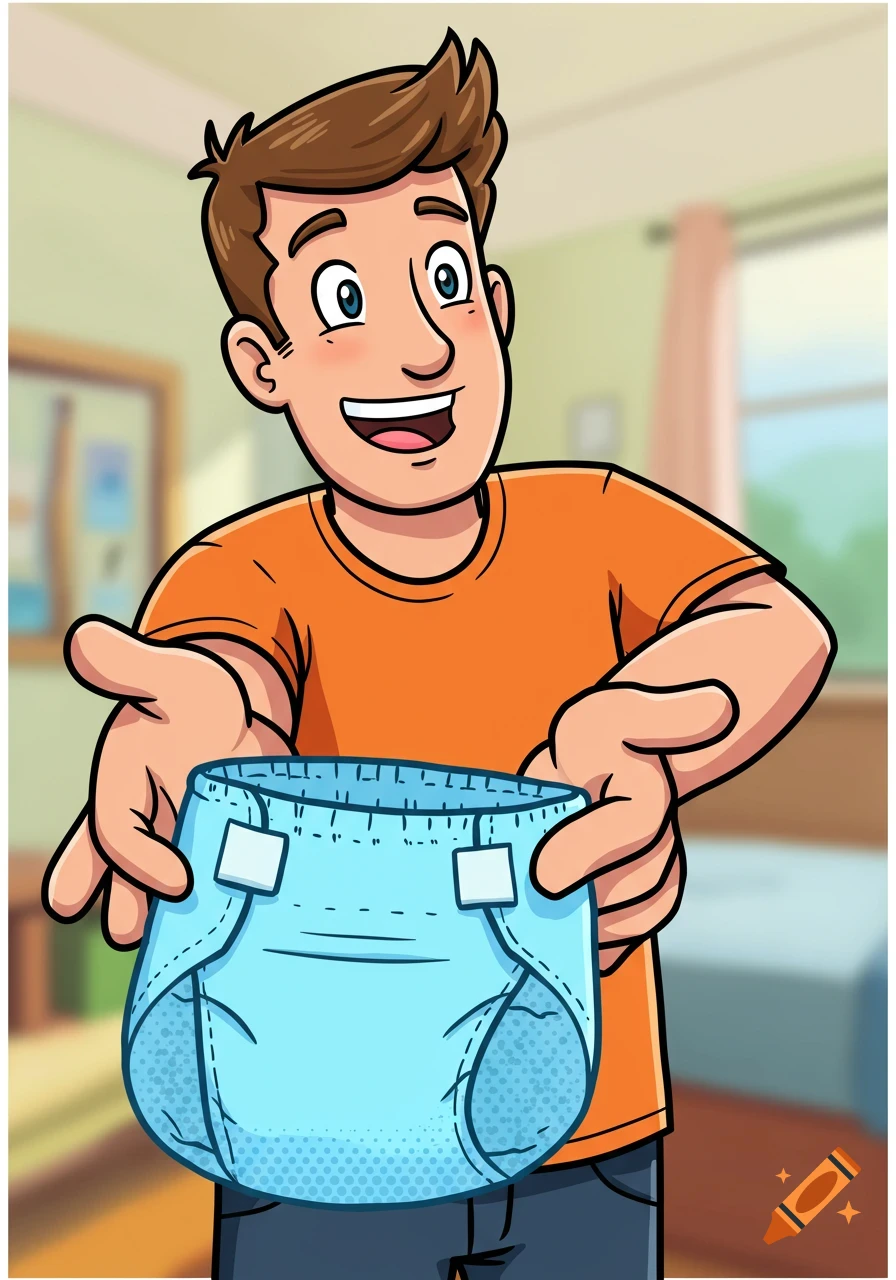 A cartoon man in an orange shirt smiles while holding out a blue diaper.