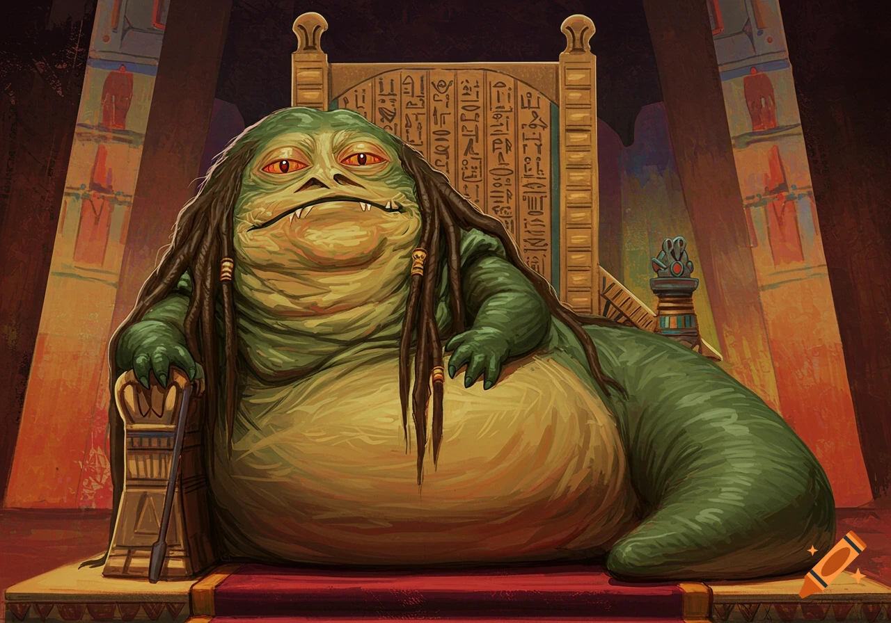 An illustration of Jabba the Hutt with dreadlocks, sitting on a golden throne with hieroglyphic details.