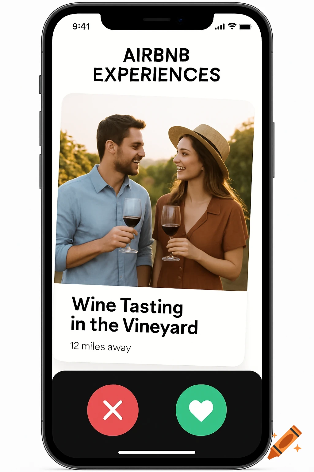 A smartphone displaying an Airbnb Experiences app with a couple wine tasting in a vineyard and swipe buttons.