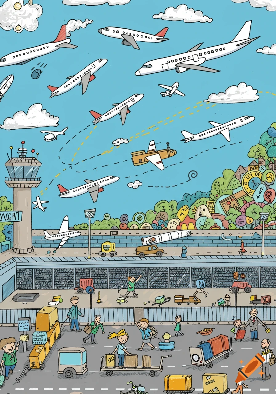 A busy cartoon airport scene in doodle style, with airplanes flying, a control tower, and people with luggage on the tarmac.