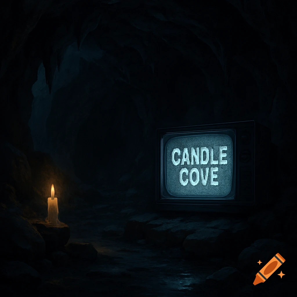 A lit candle next to an old TV displaying 'CANDLE COVE' with static in a dark cave.